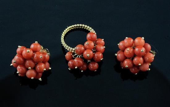 A pair of 18ct gold and coral cluster earrings and a similar dress ring with unmarked gold double ropetwist shank, size K.